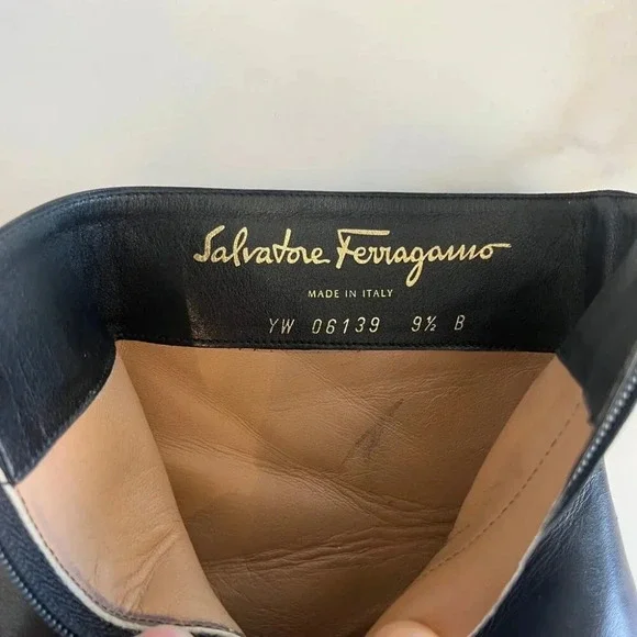Salvatore Ferragamo | Atri Logo Gold Chain Leather Bootie - Black / Sz 9.5 - Picture 8 of 12